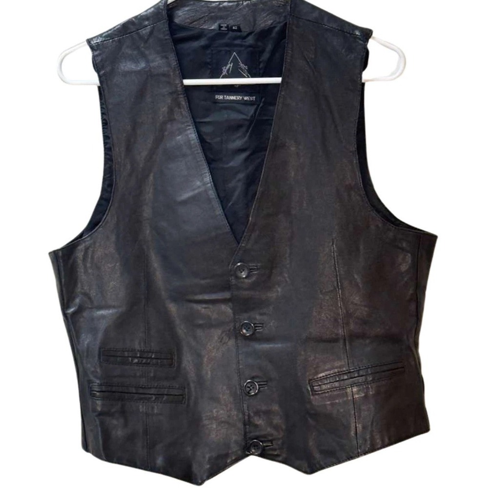 Tannery West Mens Black Genuine Leather Moto Biker Vest Waistcoat 42.